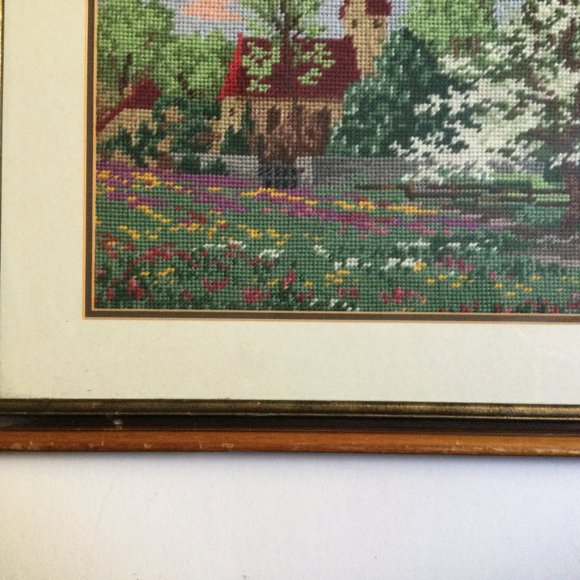 Beautiful embroidery needlework yarn art picture house tree blossom wood framed - Picture 5 of 7